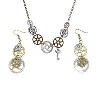JinYu Juego de 3 collares y aretes vintage de oro y plata Gear Cog Steampunk, NO, No es una piedra preciosa