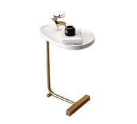 JinZao Mesa Auxiliar En Forma De C, Bandeja De Madera Maciza con Chapa De Mármol, Mesa Auxiliar Sofa con Base De Metal, Adecuado para Sofá, Cama Y Bañera(G)