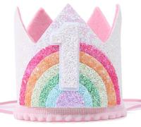 JIOLINK Corona Cumpleaños 1 Año Niña, de Fieltro Arco Iris con Banda Elástica, Decoración para Niñas