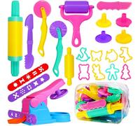 Jiosdo Herramientas y cortadores de masa, 22 piezas de herramientas de masa para niños pequeños, accesorios de plástico, extrusores de arcilla, moldes de rodillos con bolsa de almacenamiento, juego de