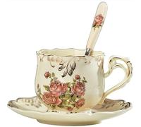 Jiotouhu Juego de tazas y platillos con cucharas, diseño retro vintage de rosas de porcelana de hueso, juego de 3 piezas de cerámica para té y café, tazas de té de porcelana floral (rosa, 1)