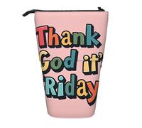 JIPOFD Estuche con texto en inglés «Thank God It's Friday», bonito estuche con soporte para bolígrafos, portátil para suministros de oficina, Negro , Talla única, Moda