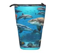 JIPOFD Estuche de pie con diseño de delfines, tortugas marinas, tiburones, pulpo, arrecife de coral, bonito estuche para bolígrafos, soporte portátil para lápices, para suministros de oficina, Negro