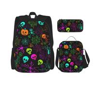 JIPOFD Juego de mochila de calavera de Halloween con bolsa de almuerzo y estuche para lápices, mochila de gran capacidad con bolsa de almuerzo, Black, Talla única