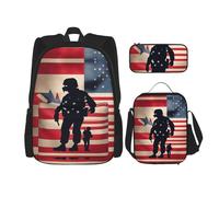 JIPOFD Us Military Soldiers - Mochila patriótica para el Día de los Caídos con bolsa de almuerzo y estuche para lápices, mochila de gran capacidad con bolsa de almuerzo, Negro, One Size