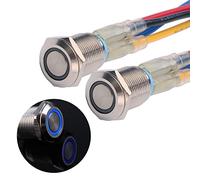 JIQI 2 × 12 mm Interruptor de botón pulsador momentáneo de metal 12V a 24V IP66 1NO 2A con luz LED Botón pulsador impermeable con Enchufe de Cable, para barco Camión RV Coche (Azul)