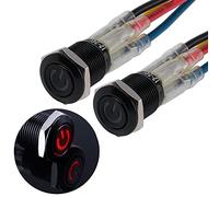 JIQI 2× 12mm Interruptor de botón impermeables momentáneos 12V a 24V 2A IP66 1NO Pulsador con iluminación LED con Carcasa de metal negro cables de conexión, para automoción Coche Motocicleta (Rojo)