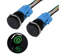 JIQI 2 × 19mm Interruptor de botón momentáneos 12V a 24V 3A 1NO 1NC IP66 Pulsador precableado hidrófugo con iluminación LED Carcasa de metal negro para automoción DIY Coche Motocicleta (Verde)