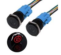 JIQI 2 × 19mm Interruptor de botón momentáneos 12V a 24V 3A 1NO 1NC IP66 Pulsador precableado hidrófugo con iluminación LED Carcasa de metal negro para automoción DIY Coche Motocicleta (Rojo)