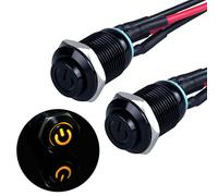 JIQI 2 interruptores de presión instantáneos impermeables de 12 mm a 24 V, 2 A, IP66, con iluminación LED, carcasa de metal negra, pulsador momentáneo con cables de conexión para motocicleta (cabeza