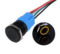 JIQI Interruptor de presión momentane impermeable de 22 mm, 12 V, 24 V, 5 A, interruptor de encendido/apagado con iluminación LED, pulsador momentáneo precableado para coche, color amarillo