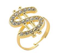 Jiqoe Crystal Dollar Sign Money Symbol Hip Hop Jewelry Rapper Punk Costume Props Golden Adjustable Open