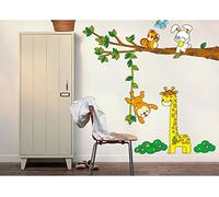 Jirafa mono conejito y una ardilla en una rama. Animales del bosque Etiqueta de la pared Decoración del dormitorio Vinilo de la etiqueta del vinilo Mural Vinilos de pared coloridos para la habitación de un niño. Fotomural art deco. Decoración de guardería. Calcomanía de la habitación del bebé. Niños y niñas etiqueta de la pared