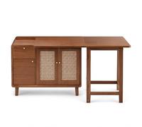 JISADER Mesa Plegable Comedor, Mesa Cocina Pequeña con Almacenamiento, Mesa Auxiliar Madera y Ratán, Incluye Taburete