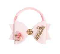 Jissoo Lazo de cumpleaños para niñas - Tocado de lazo rosa para primer cumpleaños, diadema de cumpleaños con purpurina dorada, accesorios para fotos (pajarita rosa 1)
