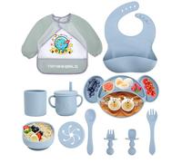 Jissta juego de vajilla de silicona para bebés,plato para bebés,juego de 11 piezas plato para niños con ventosa,babero impermeable para bebés,plato de silicona antideslizante sin BPA (azul)