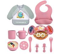 Jissta juego de vajilla de silicona para bebés,plato para bebés,juego de 11 piezas plato para niños con ventosa,babero impermeable para bebés,plato de silicona antideslizante sin BPA (rosa)