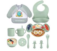 Jissta juego de vajilla de silicona para bebés,plato para bebés,juego de 11 piezas plato para niños con ventosa,babero impermeable para bebés,plato de silicona antideslizante sin BPA (verde)