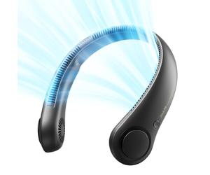 JISULIFE Ventilador de cuello portátil, manos libres, sin aspa, 5 velocidades, 4000 mAh, funciona con pilas, ventilador personal portátil, giratorio, recargable, regalo para mujeres y hombres-Negro