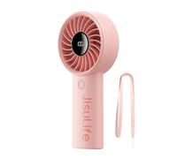JISULIFE Ventilador de mano [Turbo Wind Pro de 5 velocidades], recargable de 5000 mAh con pantalla LED y cordón; esencial para viajes, playa, vacaciones, maquillaje y conciertos-rose