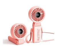 JISULIFE Ventilador de mano, ventilador portátil con pantalla LED [enfriamiento máximo de 13 horas] 3600 mAh, plegado a 150 °, 5 velocidades, ventilador de mano/escritorio/cuello 3 en 1, rosa
