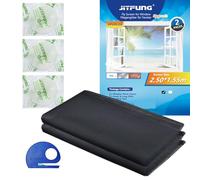 JIT-FUNG Mosquitera para Ventanas, Malla Ajustable 250x155cm Recortable al Tamaño, Protección contra Insectos y Moscas, con Cintas Autoadhesivas y Cuchillo (Negro, 2 Juegos)