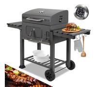 Jiubiaz Barbacoa XL de carbón vegetal con tapa + ruedas, incluye termómetro, chimenea, doble suelo plegable, 8 ganchos y parrilla, ahumador para barbacoa de camping y jardín, barbacoa de carbón gris