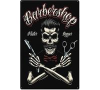 JIUFOTK Cartel de hojalata con diseño retro original y genial de calavera de barbero, arte de pared, impresión de hojalata gruesa, póster para barbería, 12 x 16 pulgadas