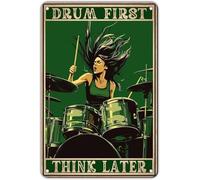 JIUFOTK Letrero de hojalata de metal retro de baterista Drum First Think Later, decoración de pared musical vintage para tienda, oficina y hogar, 8 x 12 pulgadas