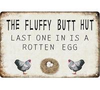 JIUFOTK Letrero de hojalata Theffy Butt Hut El último en entrar es un huevo podrido, divertido gallinero, decoración de pared de metal vintage para cocina de granja, 8 x 12 pulgadas