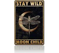 JIUFOTK Letrero de hojalata vintage de metal con texto Libélula, quédate salvaje, luna, niño, 8 x 12 pulgadas, para decoración de pared de hogar, oficina y jardín