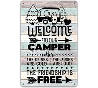 JIUFOTK Letrero de metal Bienvenido a nuestra caravana, decoración rústica para pared de camping, divertido letrero retro para garaje, cabaña, 8 x 12 pulgadas