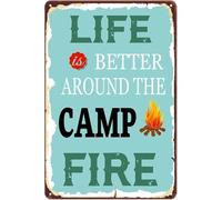 JIUFOTK Letrero de metal Camping Life con texto en inglés La vida es mejor alrededor de la fogata, decoración de pared vintage para cabaña, bar, cafetería, 8 x 12 pulgadas