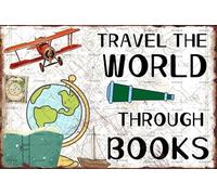 JIUFOTK Letrero de metal con texto Lectura divertida para viajar por el mundo a través de los libros, decoración de pared vintage para biblioteca, 20 x 30 cm.