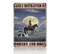 JIUFOTK Letrero de metal divertido de Border Collie Cowboy, 8 x 12 pulgadas, Fácilmente distraído por caballos, para casa, granja, garaje