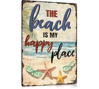 JIUFOTK Letrero de metal La playa es mi lugar feliz, 8 x 12 pulgadas, divertido para decorar el jardín, el dormitorio, la sala de estar, el bar y el garaje.
