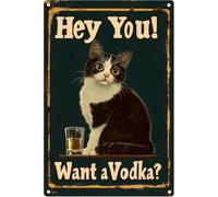 JIUFOTK Letrero de metal retro de gato negro con texto Hey You Want a Vodka Cat, divertido póster de bar, decoración de pared para cueva de hombre, sala de estar, 8 x 12 pulgadas