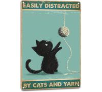 JIUFOTK Letrero de metal vintage de gato negro que se distrae fácilmente con gatos e hilo de crochet, decoración de pared para sala de costura y tejido, 8 x 12 pulgadas