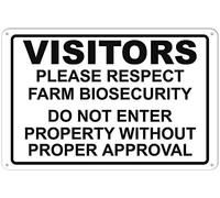JIUFOTK Letrero metálico de aluminio de bioseguridad para granjas con texto Respeto a los visitantes, 8 x 12 pulgadas, ideal como regalo para hombres y mujeres.