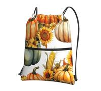 JIUFOTK Mochila informal con cordón ajustable para exteriores con diseño de girasoles, calabazas y maíz, con bolsillo con cremallera, ideal para el gimnasio y uso diario.