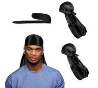 Jiujuda9 2 pañuelos de seda Durag Men Durag Negro para hombres y mujeres, pañuelo pirata para trenzas onduladas, para Do Rags Silk Du Rags con cola larga