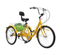 jiumxliu Triciclo plegable de 24 pulgadas, triciclo de 7 velocidades, para adultos con respaldo de 3 ruedas y cesta de la compra, bicicleta de compras de ciudad amarilla para adultos, hombres, mujeres