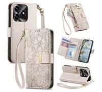 JIUNINE Funda Libro para Honor X5c Plus, Cartera Mujer con 6 Ranuras para Tarjetas, Monedero Cremallera, Cierre Magnético, Soporte Plegable, Diseño Floral con Hojas en Relieve, Blanco