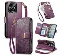 JIUNINE Funda Libro para Honor X5c Plus, Cartera Mujer con 6 Ranuras para Tarjetas, Monedero Cremallera, Cierre Magnético, Soporte Plegable, Diseño Floral con Hojas en Relieve, Púrpura