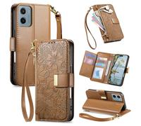 JIUNINE Funda Libro para Motorola Moto E15 / G05, Cartera Mujer con 6 Ranuras para Tarjetas, Monedero Cremallera, Cierre Magnético, Soporte Plegable, Diseño Floral con Hojas en Relieve, Marrón