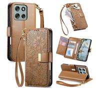 JIUNINE Funda Libro para Motorola Moto G86 5G / Moto G86 Power 5G, Cartera Mujer con 6 Ranuras para Tarjetas, Cierre Magnético, Soporte Plegable, Diseño Floral con Hojas en Relieve, Marrón