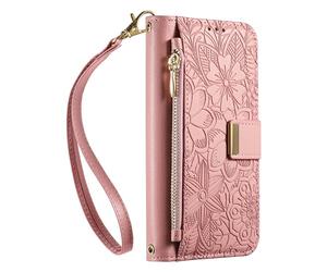 JIUNINE Funda Libro para OPPO A16 / A16S / A54S, Cartera Mujer con 6 Ranuras para Tarjetas, Monedero Cremallera, Cierre Magnético, Soporte Plegable, Diseño Floral con Hojas en Relieve, Rosado