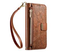 JIUNINE Funda Libro para Realme 12 5G / 12x 5G, Cartera Mujer con 6 Ranuras para Tarjetas, Monedero Cremallera, Cierre Magnético, Soporte Plegable, Diseño Floral con Hojas en Relieve, Marrón