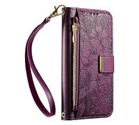 JIUNINE Funda Libro para Realme 12 5G / 12x 5G, Cartera Mujer con 6 Ranuras para Tarjetas, Monedero Cremallera, Cierre Magnético, Soporte Plegable, Diseño Floral con Hojas en Relieve, Púrpura