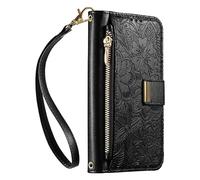 JIUNINE Funda Libro para Realme 14T 5G / 14 5G / Realme P3 5G, Cartera Mujer con 6 Ranuras para Tarjetas, Cierre Magnético, Soporte Plegable, Diseño Floral con Hojas en Relieve, Negro